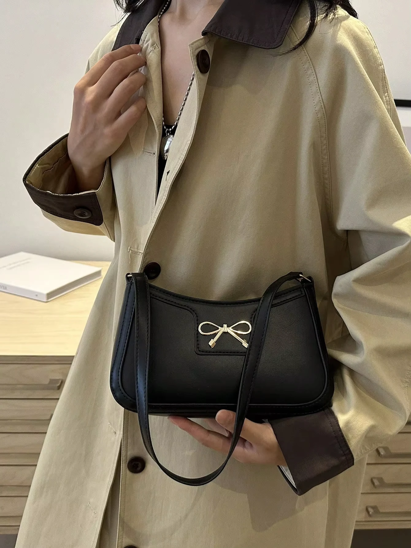 Solid Color Bowknot Shoulder Bag, Elegant Small Square Bag, Suitable for Women Handbags, Zipper Closure,Fashion Underarm Bag,